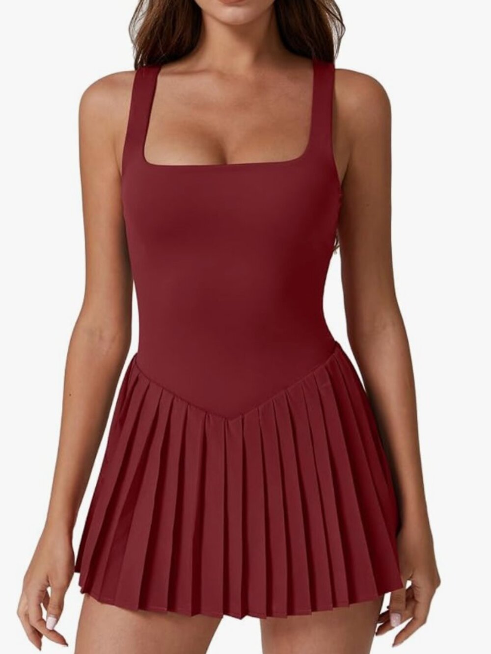 Square Neck Pleated Mini Dress in Burgundy